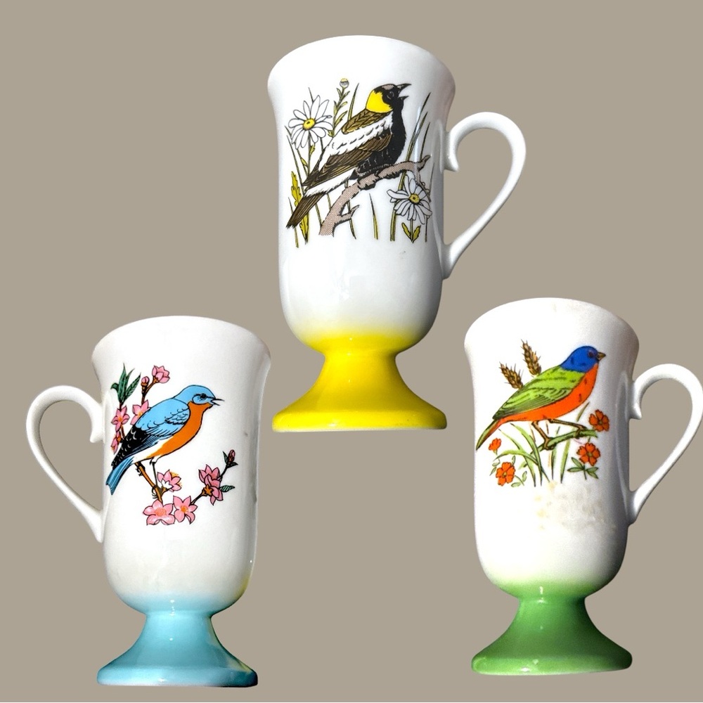 Set Of 3 Vintage Fred Roberts Song Bird Pedestal Coffee Mugs Tea Cups 1960s